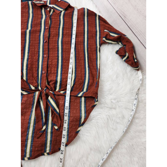 Favlux Womens Hi Lo Top Multicolor Striped Long Sleeve Button Tie Front Blouse S - Picture 4 of 6